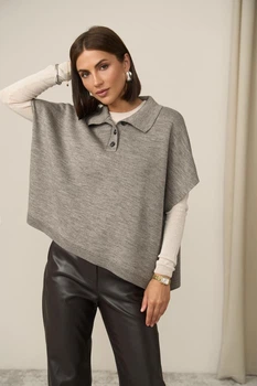 Напіввовняне пончо виконане щільною в’язкою Розмір L-XL (48-52) Сіро-бежевий