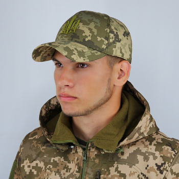 Кепка ЗСУ піксель з гербом, бейсболка тактична армійська військова камуфляжна, з ЗD тризубом 57-58