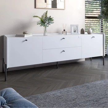 Тумба под телевизор с ящиками LION Wood с черными ножками 180x50x40 см Нимфея Альба (белый) (LION-043132)