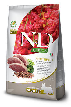 Сухой беззерновой корм Farmina Dog Grain Free N&D Quinoa, Neutered Adult Mini для собак мини пород с уткой, киноа, брокколи и спаржей 2.5 кг (арт 179484)