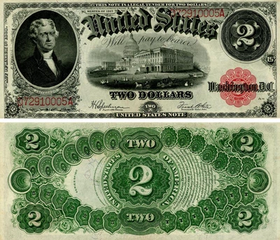 Банкнота США 2 доллара 1917 VF-AU Т. Джефферсон Номер 072910005А