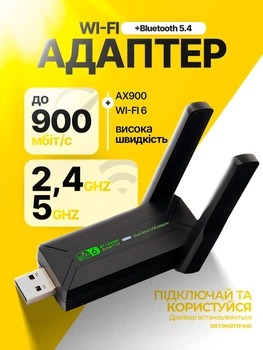 Адаптер Wi-Fi 6 двохдіапазонний 900Мб/с 2в1 Bluetooth 5.4 для ПК та ноутбука до WIFI 5G 2.4/5ГГц AX900 Mbps і BT в USB3.0 бездротовий вай фай ресивер в комп'ютер Plug and Play + блютуз для навушників 2в1 + антени