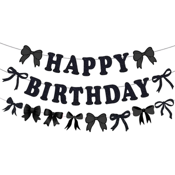 Флажки БумажныеГирлянда Happy Birthday С Гирляндой Бантики Черный