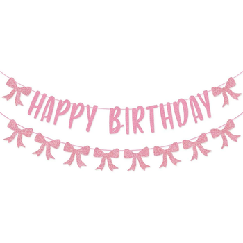 Флажки Бумажные Гирлянда Happy Birthday С Гирляндой бантики Розовый С Глиттерром