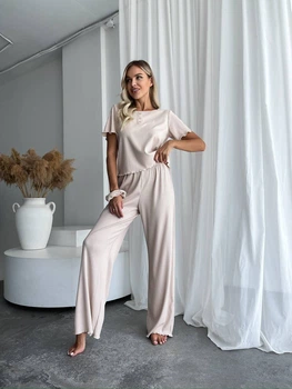 Жіночий домашній костюм трійка (топ+резинка+штани) Uaclothes 42-44 Бежевий (like34011-144181349)