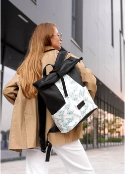 Женский рюкзак роллтоп с двумя отделениями и карманом под ноутбук SAMBAG Черный с принтом Palm (10450271841)