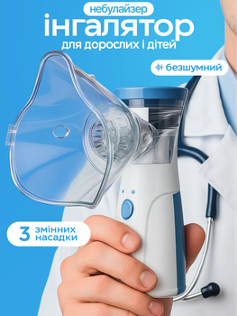 Портативный бесшумный небулайзер MESH Nebulizer "JSL-W302" с меш технологией, ультразвуковой мембранный ингалятор с функцией парового распылителя для дыхания и ингаляций при бронхите для взрослых и детей (Бело-синий / 5V / на батарейках)