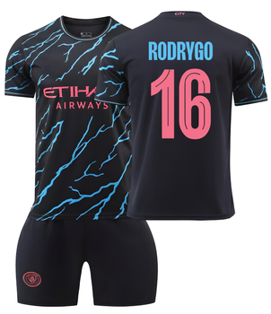 Форма футбольная детская Rodrygo (Родриго) 16 Manchester City (Манчестер Сити), сезон 24/25, 20 размер, рост 115-120 см, черно-голубой с розовым