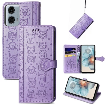 Чохол Embossed Cat and Dog для Motorola Moto G04 книжка шкіра PU з візитницею фіолетовий