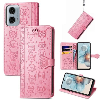 Чохол Embossed Cat and Dog для Motorola Moto G06 / Moto G06 Power книжка шкіра PU з візитницею рожевий