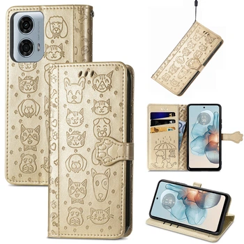 Чохол Embossed Cat and Dog Motorola Moto G24 / G24 Power книжка шкіра PU з візитницею золотистий