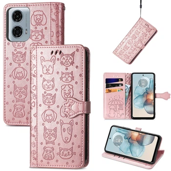 Чехол Embossed Cat and Dog для Motorola Edge 50 Fusion книжка кожа PU с визитницей розовое золото