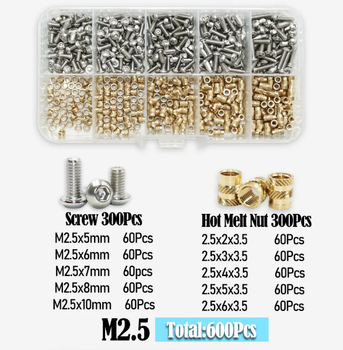 Термогайки+Винты Комплект М2.5мм 600 шт Для 3D Печати, PLA/ABS, Spec (SP-16625600)