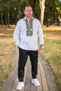 Вишиванка чоловіча лляна Varetti з відкладним коміром ,Білий з зеленим, L