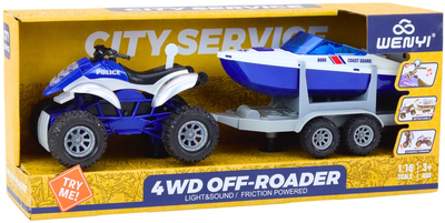 Zestaw LEAN Toys Quad policyjny z przyczepą do przewozu łodzi + Motorówka 18732 (5905991017899)