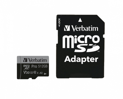 Карта памяти microSD 512Gb Verbatim PRO class 10 UHS-III + SD адаптер (47046)