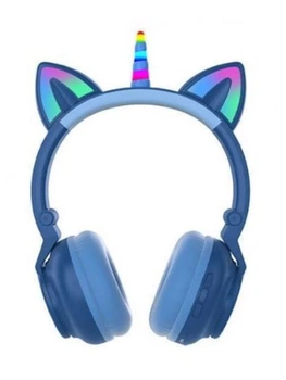 Наушники детские Bluetooth Cat STN-27 с подсветкой LED единорог с кошачьими ушками синие
