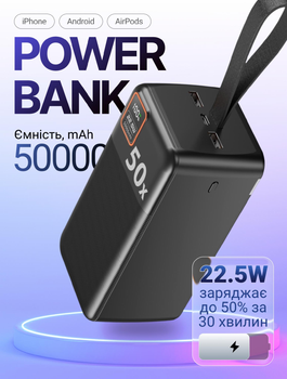Повербанк 50000 mAh 22.5W Remzona Extrinity 50X зі швидкою зарядкою PD Quick Charge 3.0 Fast Charge потужний великий УМБ для телефона айфона роутера 9в 12v планшета хороший LED дисплей портативний ліхтарик + кабель USB-A USB-C