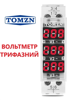 Трёхфазный цифровой вольтметр на DIN-рейку TOMZN TO-3V, 40-500В AC50/60Гц, измеритель индикатор напряжения на 3 фазы для сети 380 вольт, 3L+3N, 18мм.