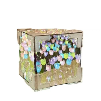 Світильник-нічник 3D, Куб із нескінченними тюльпанами, на батарейках