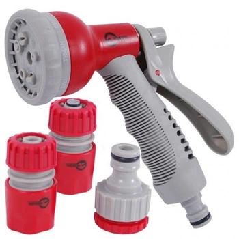 Пистолет-распылитель для полива INTERTOOL GE-0002 8 функций + адаптер с резьбой 1/2", 3/4" и 2 коннектора для шланга 1/2"
