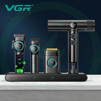 Професійний набір VGR Pro STEPLESS 4 в 1 машинка для стрижки тример шейвер фен барберський комплект з BLDC мотором LED дисплеєм насадками кейсом іонізацією та автономною роботою для салону і домашнього догляду