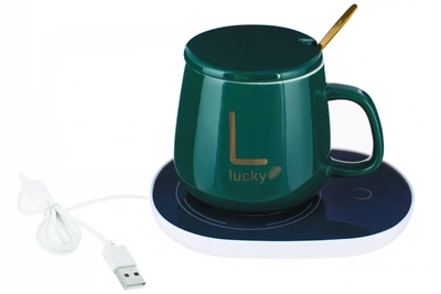 Чашка с подогревом Lucky керамическая 380 мл зеленая для кофе и чая USB подставка (530401)