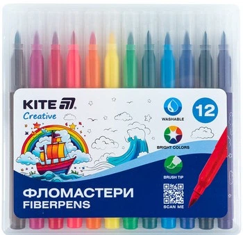 Фломастери-пензлики Bruch 12 кол. в пластиковій коробці К-1150 Kite