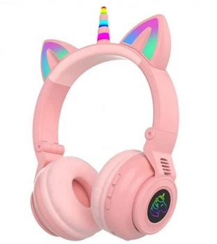 Детские беспроводные наушники Единорог Cat STN-27 LED Bluetooth с кошачьими ушками розовый