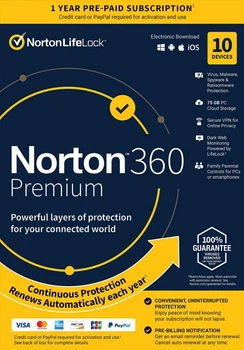 Антивирус Norton 360 Premium 75 GB на 1 год для 10 устройств (Лицензионный ключ)