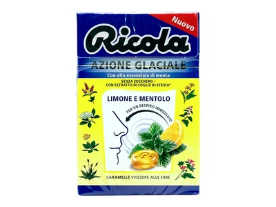 Льодяники RICOLA Azione Glaciale Limone e Mentolo Senza Zucher (ментол та лимон, без цукру) 50 г