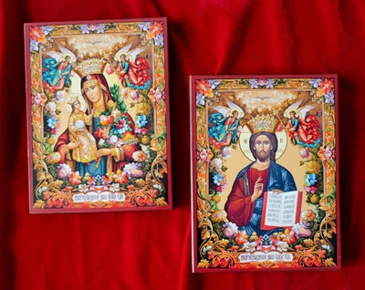 Пара венчальная Спаситель и икона Божией Матери "Неувядающий цвет", 20 х 15,5 см