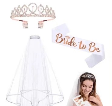 Набір весільний для нареченої Bride to be рожеве золото 3шт (фата, стрічка біла, корона)