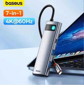 Мультифункціональний USB-хаб Baseus 7 в 1, 2 USB C HUB 4K при 60 Гц HDMI 3* USB 3.0 PD 100 Вт порт Type C картрідер SD/TF