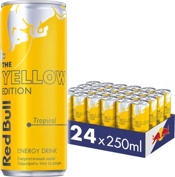 Упаковка енергетичного напою Red Bull Yellow Edition зі смаком тропічних фруктів 0.25 л x 24 банки (9002490228644)