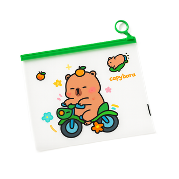Папка прозрачная, пенал, косметичка, с бегунком А5 Капибара "Capybara drives a moped"