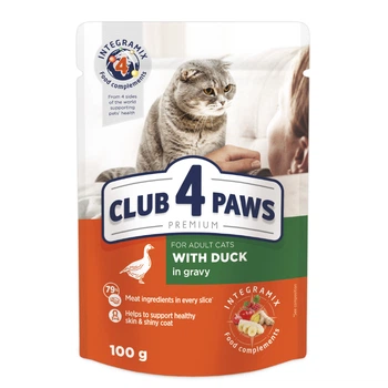 Вологий корм для котів CLUB 4 PAWS Клуб 4 лапы Premium With duck in gravy качка в соусі 85 гр 24шт.