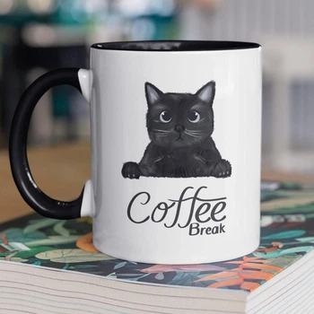 Кружка керамічна з принтом котом "Coffee Break" 330 мл для напоїв біла з чорною ручкою на подарунок