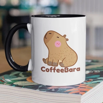 Кружка керамічна з малюнком капібарою "CoffeeBara" 330 мл для напоїв біла з чорною ручкою на подарунок