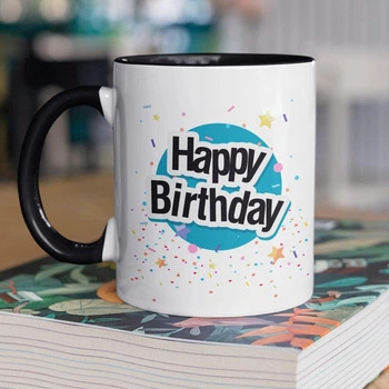 Чашка керамічна з принтом "Happy Birthday" 330 мл для напоїв біла з чорною ручкою подарунок на день народження