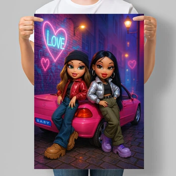 Постер в стиле куклы Bratz Подруги возле розового автомобиля А3 30х42 см (DYT037_А3)
