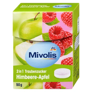 Декстроза Цукерки з виноградним цукром , яблуко-малина Mivolis Traubenzucker 2in1, Himbeere-Apfel, 50 г, від DM