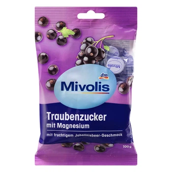 Декстрозные сладости Mivolis с магнием (без сахара) со вкусом смородины 100г, от DM (Германия)