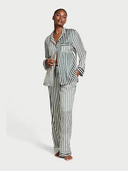 Піжама Сатинова (сорочка + штани) Victoria's Secret Glazed Satin Long Pajama Set XS Regular Зелена смужка (26811443D)