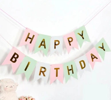 Гірлянда з прапорців Happy Birthday рожево-салатова з золотими літерами