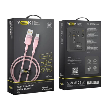 Кабель для зарядки и обмена данными USB YOKI YK-ST41 STYLE Series USB/Type C 60W (3A/20V), 1.2 метра, Розовый
