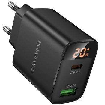 Сетевое зарядное устройство Borofone BA96A Ilustre with digital display PD20W+QC3.0 (1USB-A/1C) (Black) (232668)