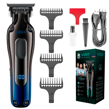 Триммер аккумуляторный для стрижки волос VGR V-998 BLUE, 4 насадки, LED дисплей