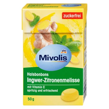 Леденцы для горла Mivolis Инбир-Мелисса, без сахара, 50 г, от DM (Германия)