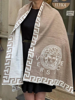 Шарф с вышивкой Versace двухсторонний женский бежево - серый (sh002)